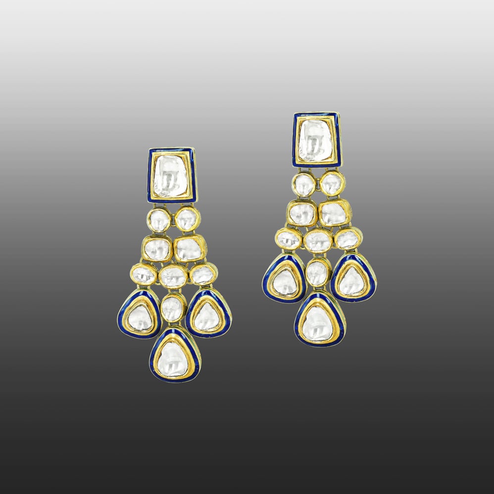 Cascading Polki Earrings with Blue Enamel